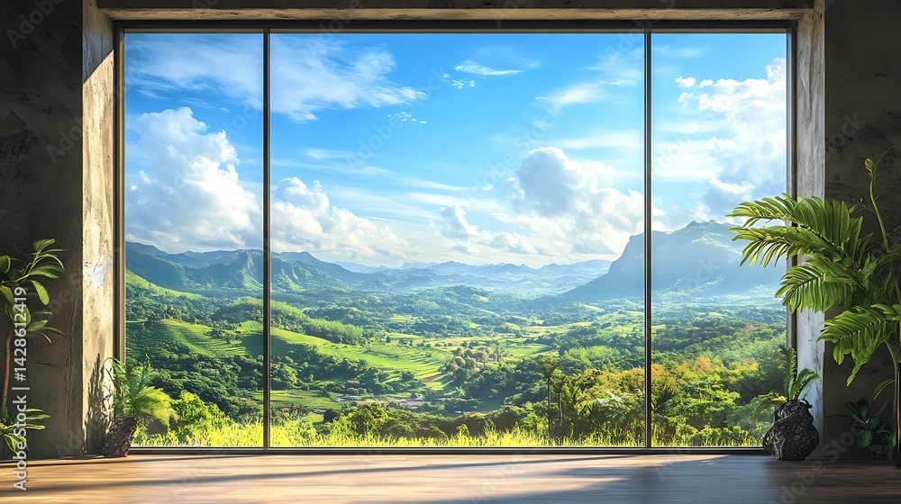 Naklejka premium Panoramic mountain vista framed by modern interior space.