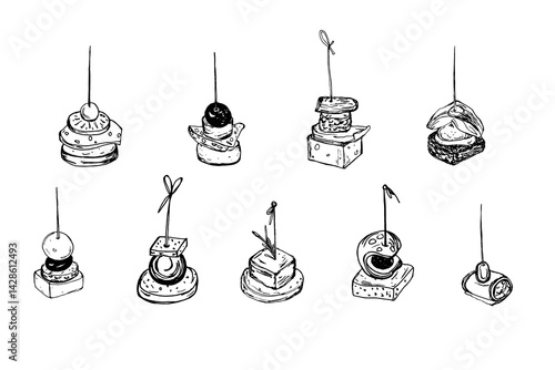 Canape set isolated Vector sketch, small sandwich strung on skewer. Snack for alcohol, appetizer. Black and white sketch on white background.