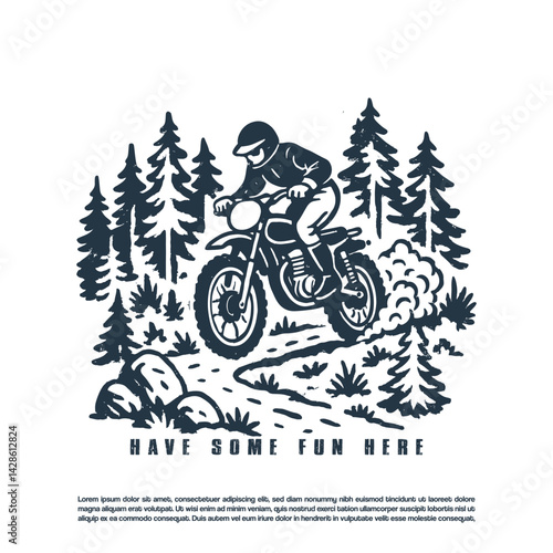 Vintage retro hand drawn motocross rider in the wild forest vector illustration