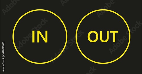  Yellow and black in and round warning direction info sticker badge icon with an arrow and text.vector icon