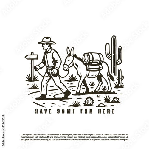 Line art cowboy with his donkey carrying barrel vector art illustration