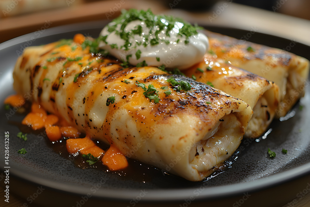 Enchiladas filled with chicken and cheese, topped with sauce and sour cream Enchiladas filled with chicken and cheese, topped with sauce and sour cream