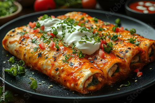 Obraz na płótnie Enchiladas filled with chicken and cheese, topped with sauce and sour cream w salonie