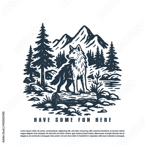 Vintage retro brave lone wolf in the middle of the forest vector illustration