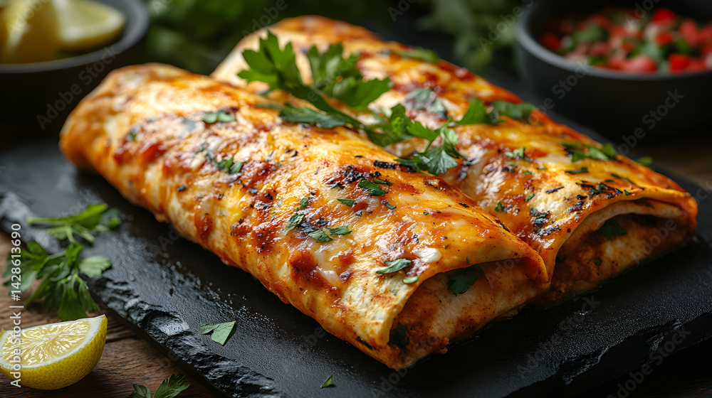 Enchiladas served on dark grey textured plate with fresh garnish top view