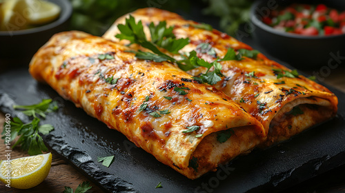 Obraz na płótnie Enchiladas served on dark grey textured plate with fresh garnish top view w salonie