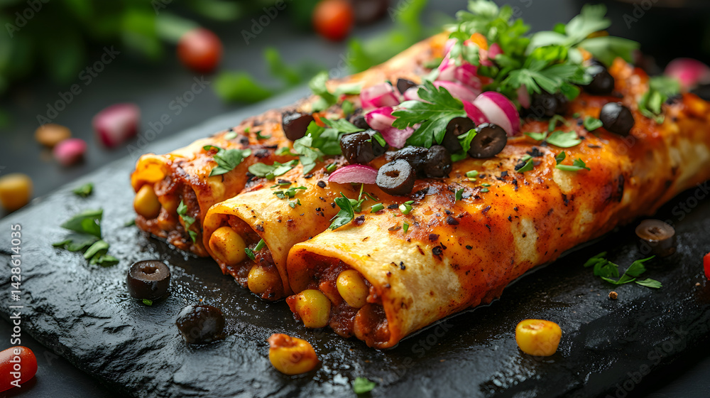 Enchiladas served on dark grey textured plate with fresh garnish top view
