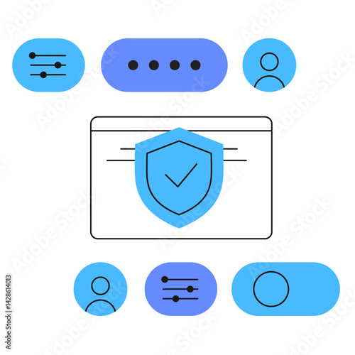 Modern flat vector illustration of cybersecurity and user data management. Includes shield, user interface, chat bubble, toggles, and profile icons. Represents secure access, privacy protection, and d
