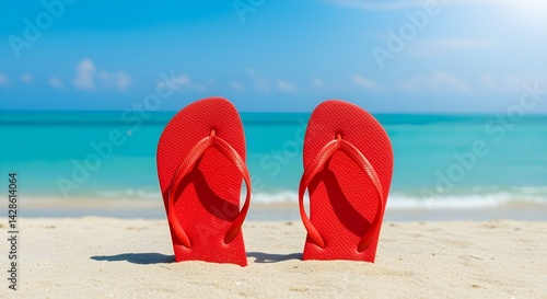 A pair of red flip-flops resting on the sand of a sunny beach, with a turquoise sea and clear blue sky in the soft background, evoking the feeling of a summer vacation