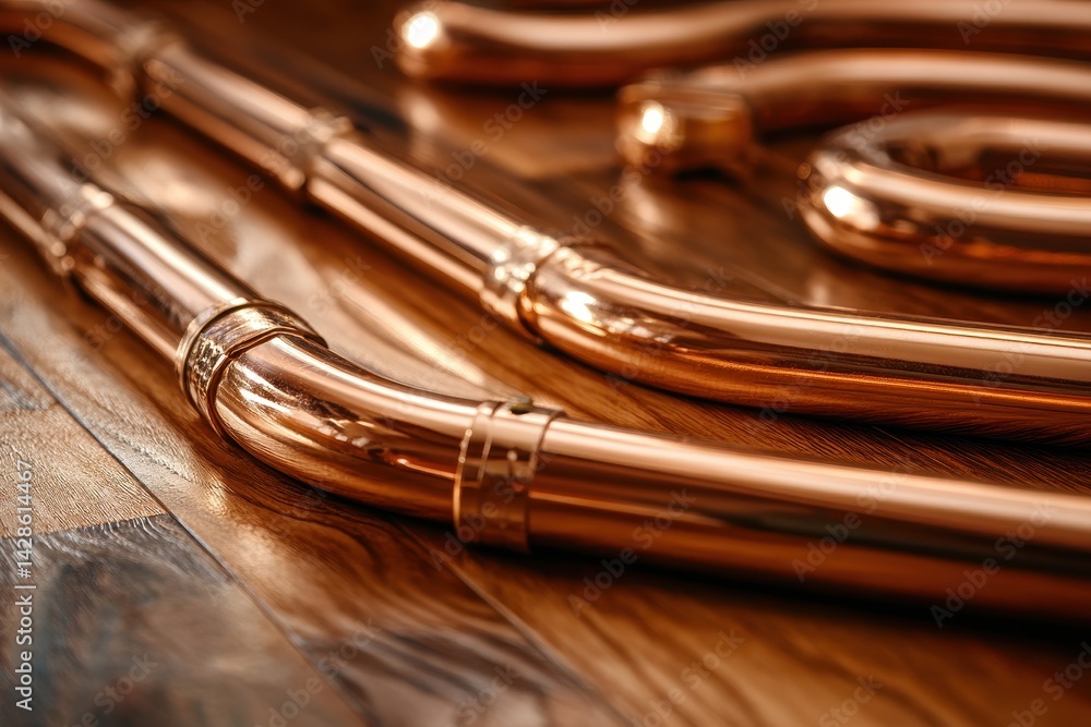 Naklejka premium Shiny new copper pipes laid on wood. Useful for plumbing, industry, or engineering.