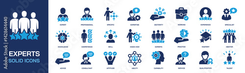 Expert solid icons collection. Containing experience, skill, ability, teamwork etc icons. Perfect pixel on transparent background. Vector illustration.