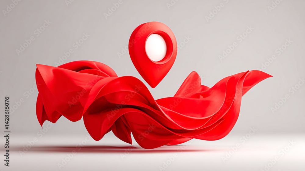 Abstract 3D red location marker surrounded by fluid shapes in a modern minimalist design with copy space for text