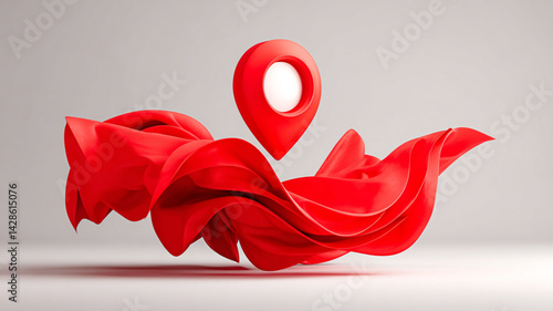 Obraz na płótnie Abstract 3D red location marker surrounded by fluid shapes in a modern minimalist design with copy space for text w salonie