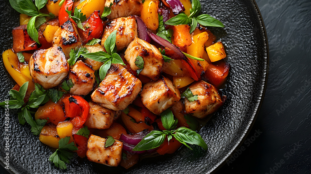Fajitas served on dark grey textured plate with fresh garnish top view