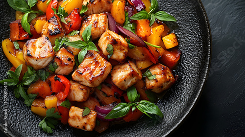 Obraz na płótnie Fajitas served on dark grey textured plate with fresh garnish top view w salonie