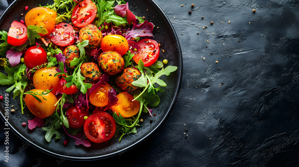 Falafel served on dark grey textured plate with fresh garnish top view