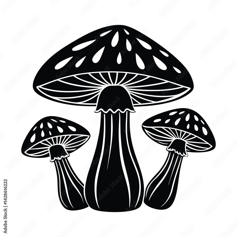 Silhouette Illustration of a Mushroom with Decorative Design and Leaves Silhouette Illustration of a Mushroom with Decorative Design and Leaves