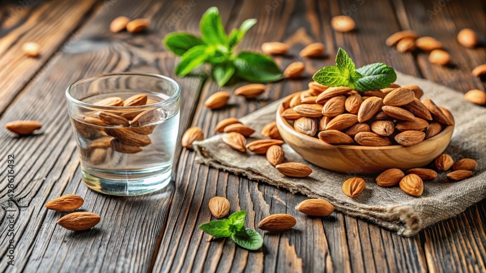 Fototapeta premium Dried almond flakes scattered on a wooden table, with a small glass of water and a few fresh herbs in the background, dried