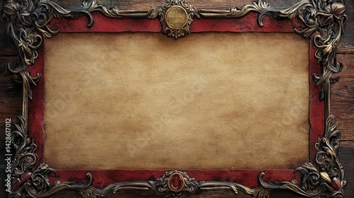 fantasy medieval scroll frame with aged parchment, decorative flourishes, and a royal seal