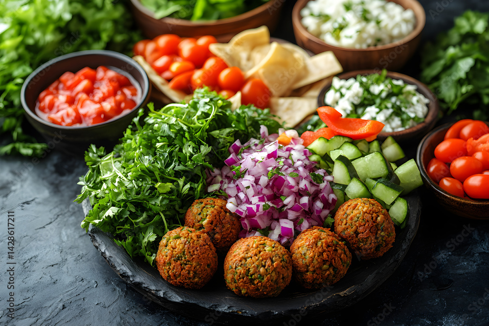 Falafel styled on rustic black stone table with side ingredients