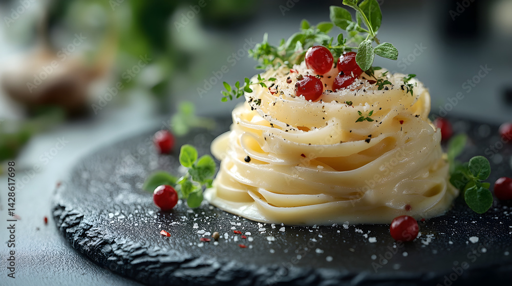 Fettuccine Alfredo presented on a black textured surface with elegant side garnishing