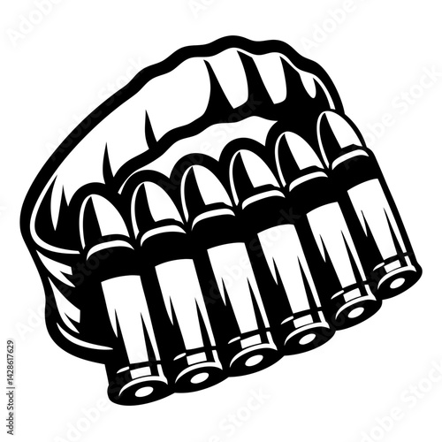 A monochrome illustration of a belt of bullets in a graphic style