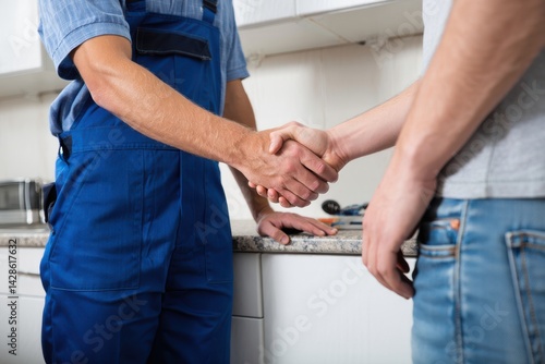 Obraz na płótnie cropped image of plumber and client shaking hands in kitchen w salonie
