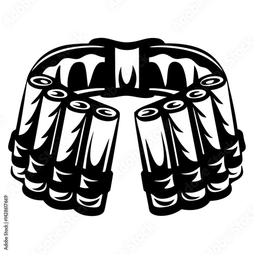 Monochrome bandolier design of shotgun shell ammunition belt in a vector format