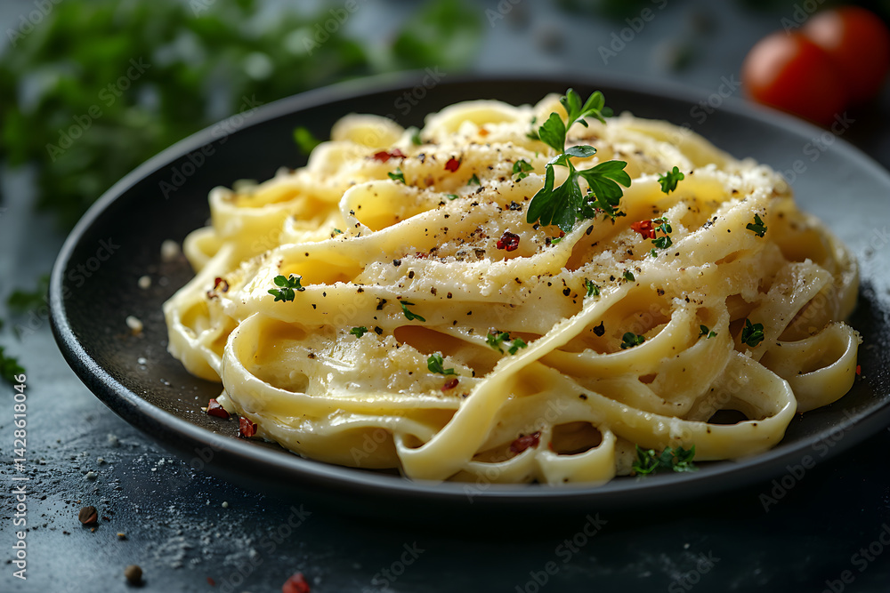 Fettuccine Alfredo styled on dark grey background with clean plating and props