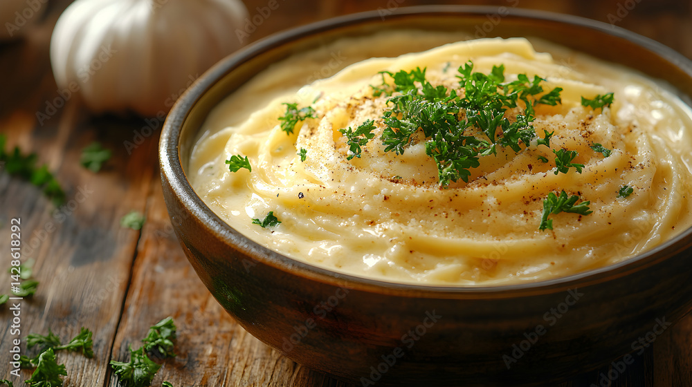 Fettuccine Alfredo with creamy sauce and garnished with parsley