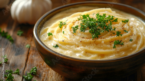 Obraz na płótnie Fettuccine Alfredo with creamy sauce and garnished with parsley w salonie