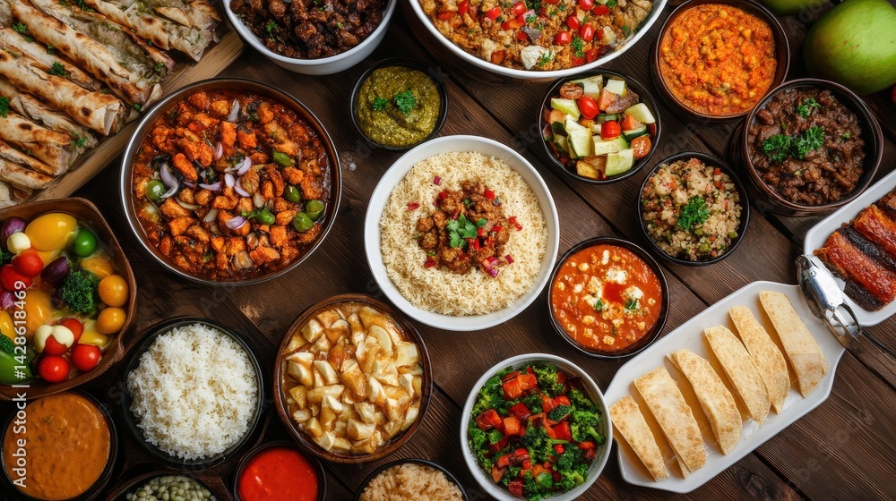 Fototapeta premium A festive buffet table filled with a variety of international dishes, representing flavors from different cultures