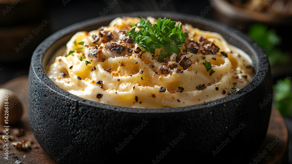 Fettuccine Alfredo with creamy sauce and garnished with parsley