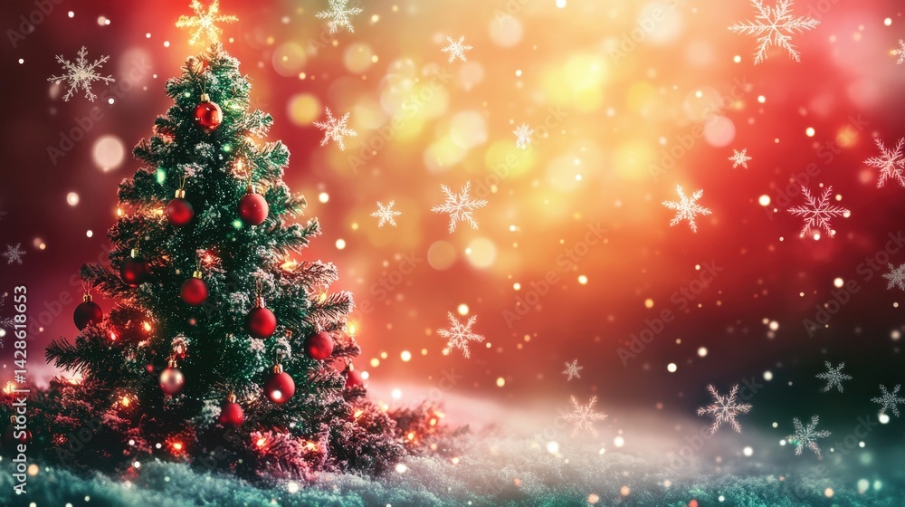 A festive Christmas banner with snowflakes, a decorated Christmas tree, and warm red and green colors. A festive Christmas banner with snowflakes, a decorated Christmas tree, and warm red and green colors.