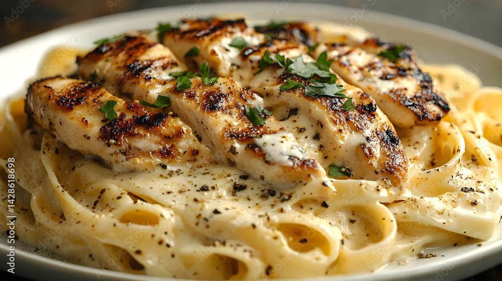 Fettuccine alfredo with creamy sauce and grilled chicken served on a white plate