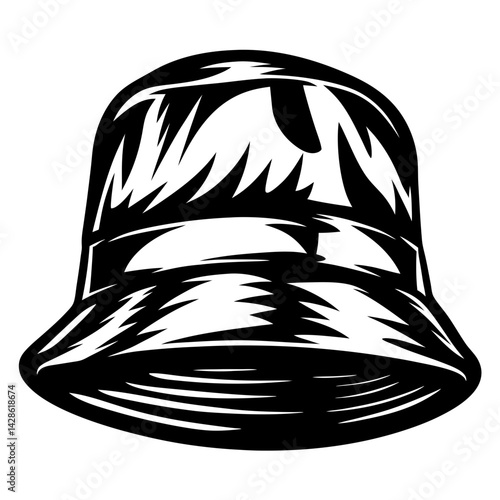 Monochrome abstract representation of a bucket hat with unusual design elements