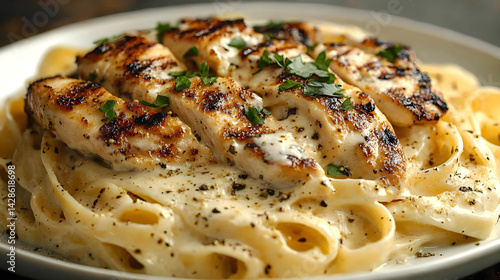 Obraz na płótnie Fettuccine alfredo with creamy sauce and grilled chicken served on a white plate w salonie