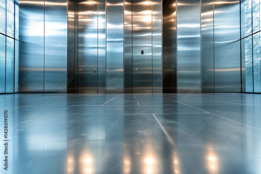 A modern elevator lobby with polished floors and metallic walls. A modern elevator lobby with polished floors and metallic walls.