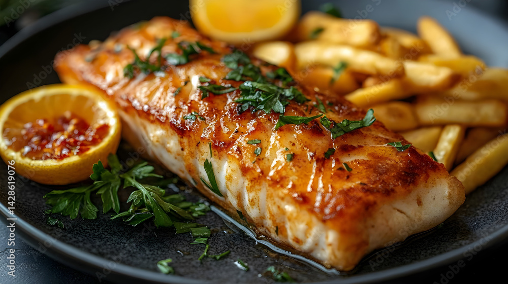 Fish and Chips served on dark grey textured plate with fresh garnish top view