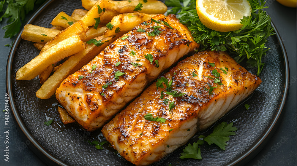 Fish and Chips served on dark grey textured plate with fresh garnish top view
