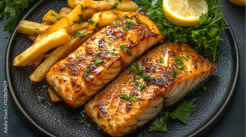 Fish and Chips served on dark grey textured plate with fresh garnish top view