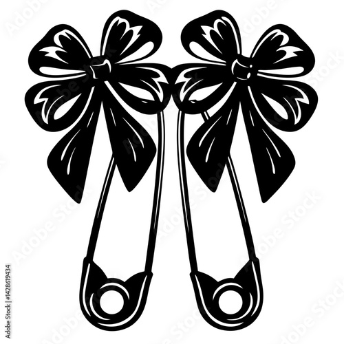 Two Decorative Safety Pins with Ribbon Bows in Striking Black Silhouette