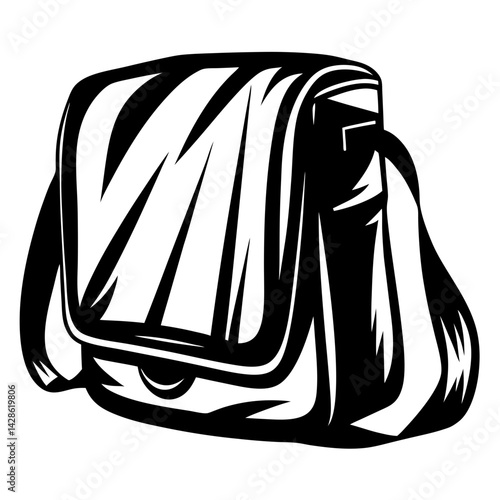 Monochrome Illustration of a Shoulder Bag with Fold Over Flap Design
