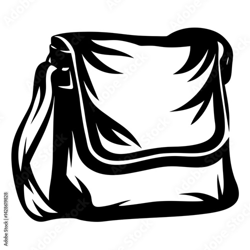 Stylized black and white illustration of a messenger bag with shoulder strap