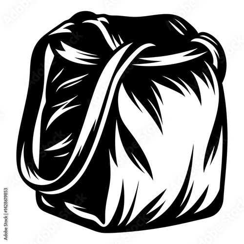 Graphic monochrome illustration of a bun hairstyle with loose strands of hair
