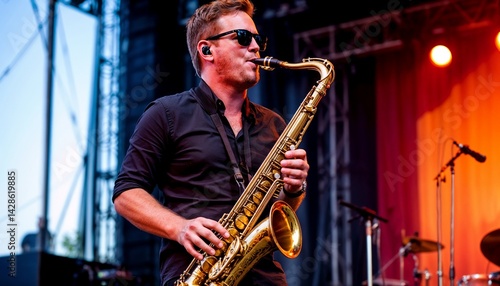 Saxophonist cool playing tenor saxophone on outdoor stage