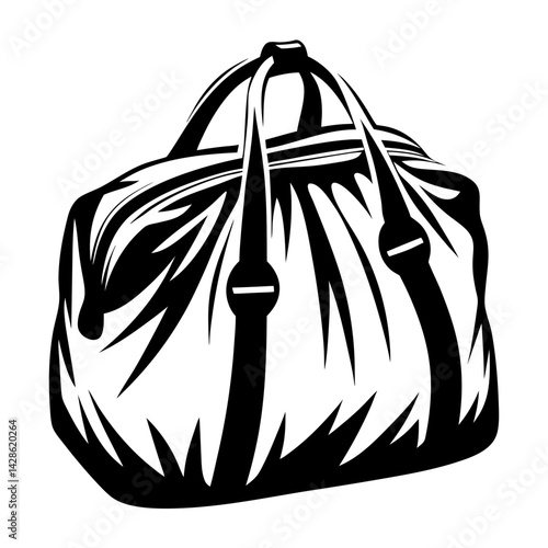 Monochrome vector illustration of a duffel bag with handles and luggage