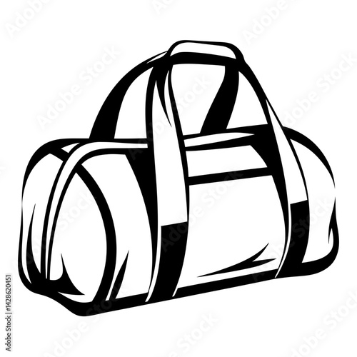 Black and white graphic design showcasing a classic duffel bag illustration