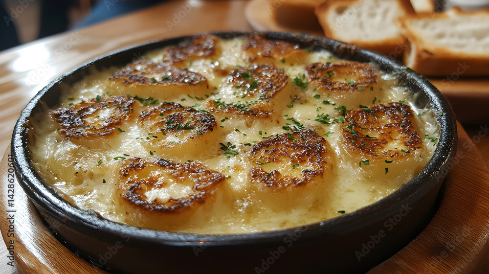 French onion soup topped with a golden crust of melted cheese and toasted bread