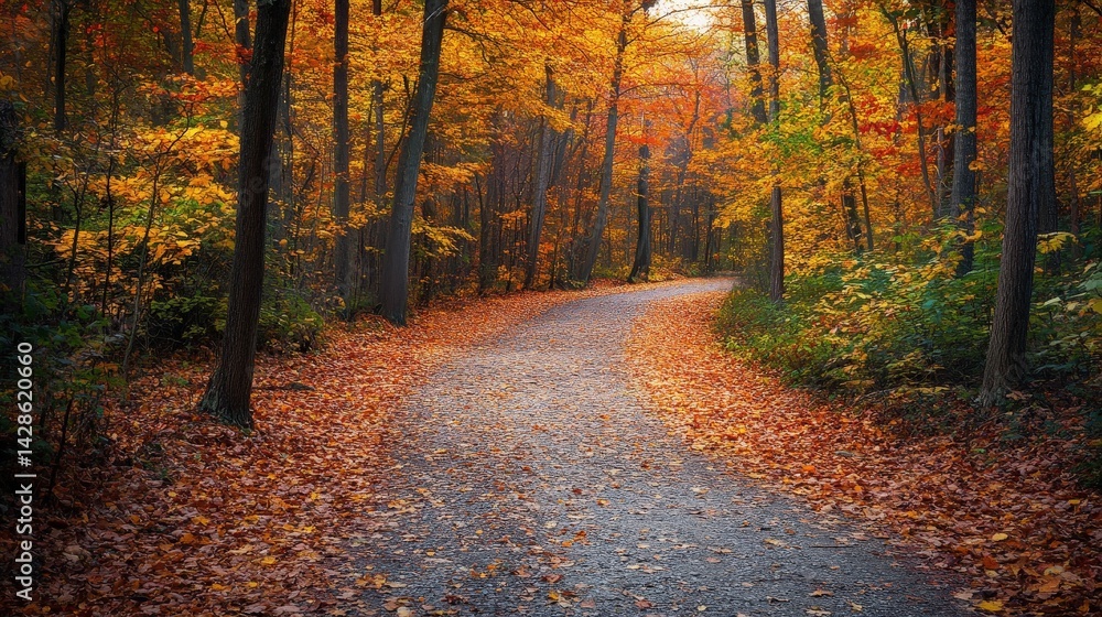 Obraz premium A peaceful forest path winding through vibrant autumn foliage, with fallen leaves covering the ground.